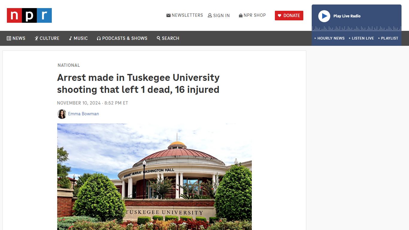 Arrest made in Tuskegee University shooting that left 1 dead, 16 ... - NPR